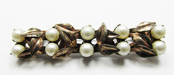 JayKel Vintage 1940s Retro Pearl Vermeil Sterling Silver Floral Bar Pin