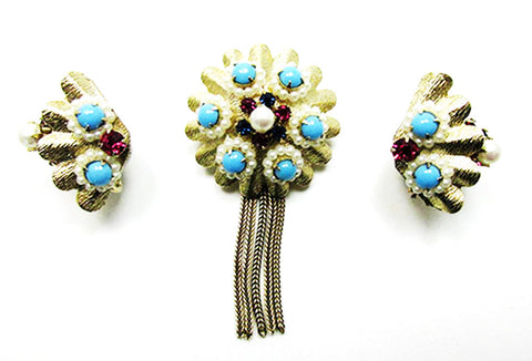 Vintage 1950s Jewelry Avant-Garde Diamante Pin and Earrings Set - Front