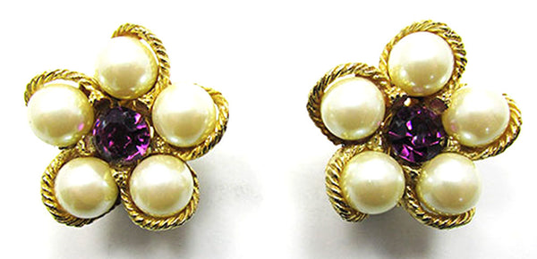 Weiss Vintage Jewelry 1960s Retro Diamante and Pearl Floral Earrings - Front