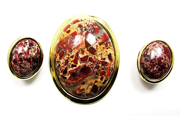 Vintage 1960s Striking Natural Gemstone Pin and Earrings Sett - Front
