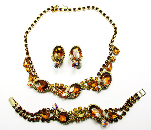 Vintage 1950s Citrine and Topaz Rhinestone Three-Piece Gold-Toned Set - Front