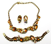 Vintage 1950s Citrine and Topaz Rhinestone Three-Piece Gold-Toned Set