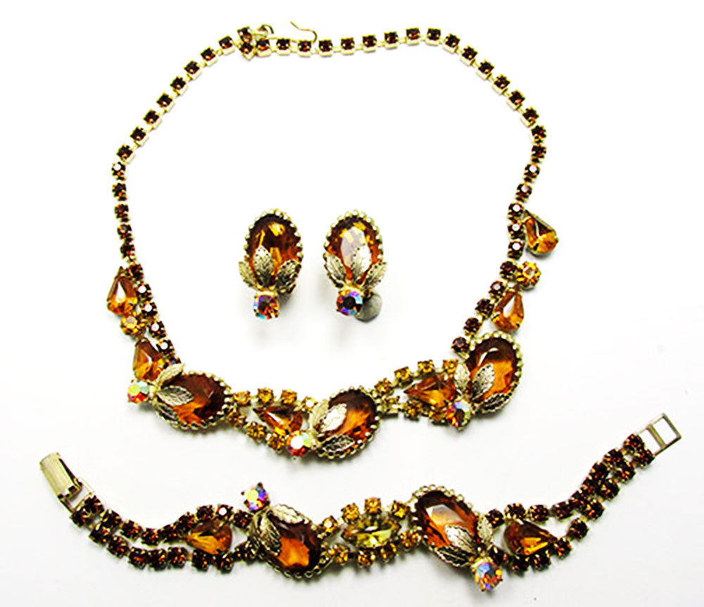 Vintage 1950s Citrine and Topaz Rhinestone Three-Piece Gold-Toned Set