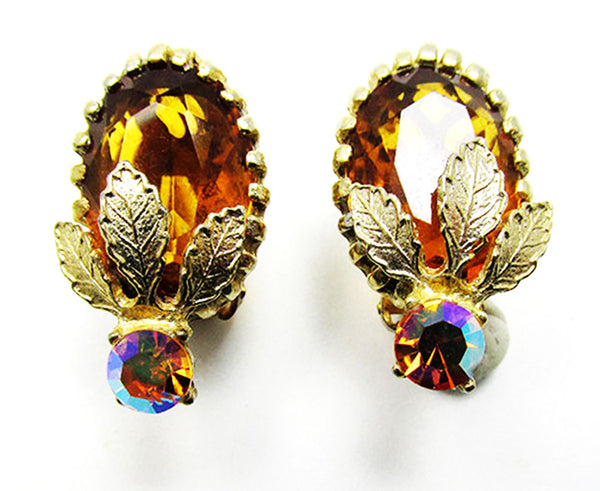 Vintage 1950s Jewelry Citrine and Topaz Diamante Three Piece Set - Earrings