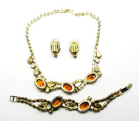Vintage 1950s Citrine and Topaz Rhinestone Three-Piece Gold-Toned Set
