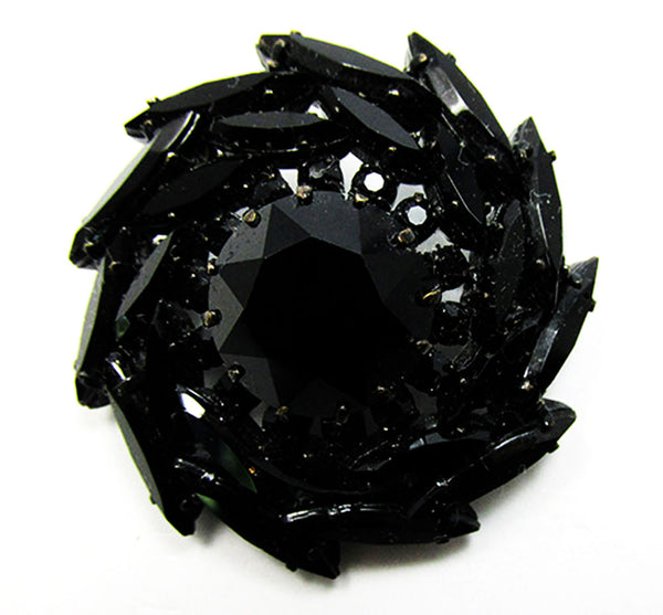 Dramatic Vintage 1950s Black Rhinestone Catherine Wheel Pin - Front