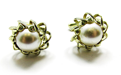 Vintage 1960s Men's Jewelry Mid-Century Pearl Cabochon Cufflinks - Front