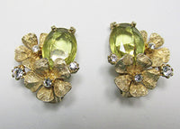 Art Vintage Mid Century Beautiful Citrine Rhinestone Floral Earrings - Thumbnail