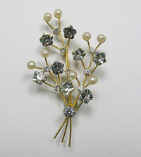 Vintage 1950s Delicate Rhinestone and Pearl Floral Spray Pin - Thumbnail