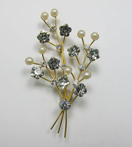 Vintage 1950s Delicate Rhinestone and Pearl Floral Spray Pin