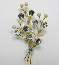 Vintage 1950s Delicate Rhinestone and Pearl Floral Spray Pin - Thumbnail