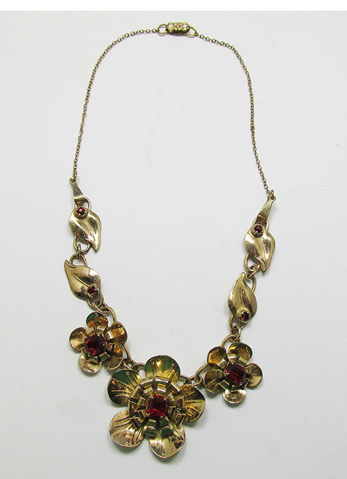 Vintage Retro 1930s Stunning Vermeil Rhinestone Floral Necklace