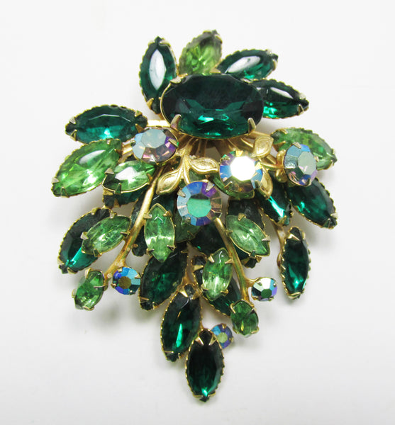 Vintage 1950s Striking Emerald and Peridot Rhinestone Floral Pin