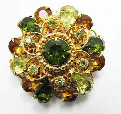 Amazing Vintage Mid Century Two Tiered Floral Rhinestone Pin