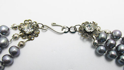 Vintage Mid Century 1950s Unique Gray Floral Pearl Necklace