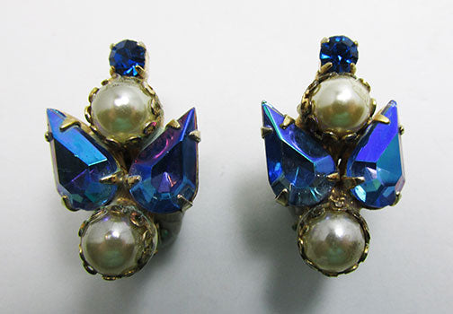 Vintage Mid Century 1950s Distinctive Rhinestone and Pearl Button Earrings