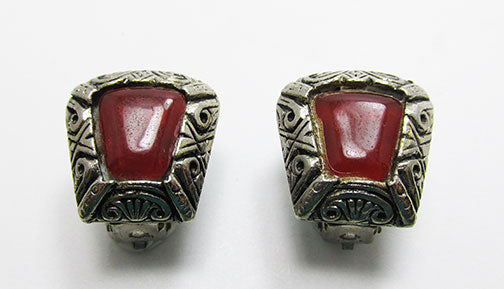 Vintage Mid Century Etched Geometric Button Earrings