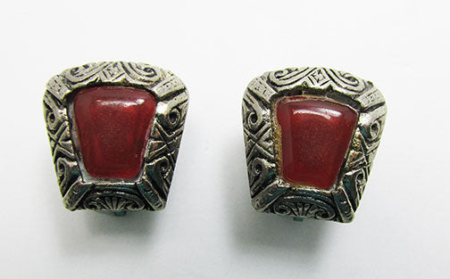 Vintage Mid Century Etched Geometric Button Earrings