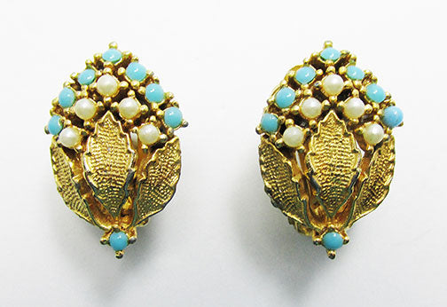 Vintage 1960s Delicate Retro Pearl and Turquoise Floral Earrings