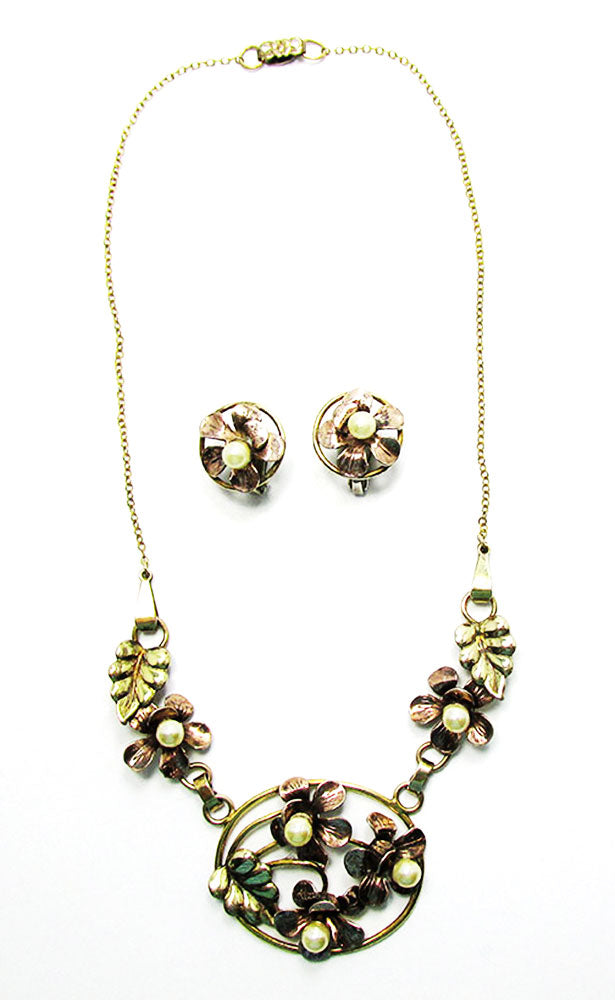 Raleigh 1940s Vintage Exquisite Pearl Floral Necklace and Earrings Set - Front