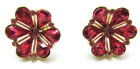 Vintage Jewelry 1950s Mid-Century Pink Diamante Floral Button Earrings - Front