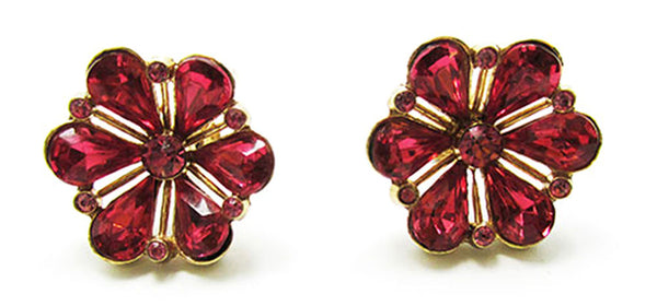 Vintage Jewelry 1950s Mid-Century Pink Diamante Floral Button Earrings - Front
