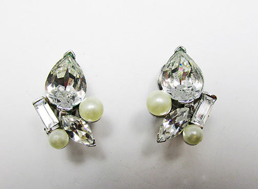 Marvella Vintage Striking 1950s Pearl and Rhinestone Button Earrings