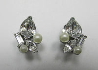 Marvella Vintage Striking 1950s Pearl and Rhinestone Button Earrings - Thumbnail