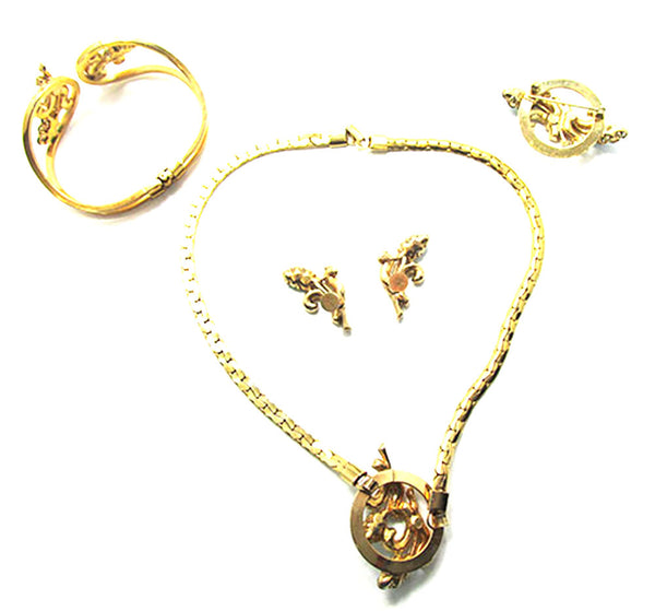 Oleg Cassini 1950 Vintage Diamante and Pearl Gold Plate Four Piece Set - Back
