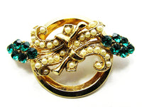 Oleg Cassini 1950 Vintage Diamante and Pearl Gold Plate Four Piece Set - Pin - Thumbnail