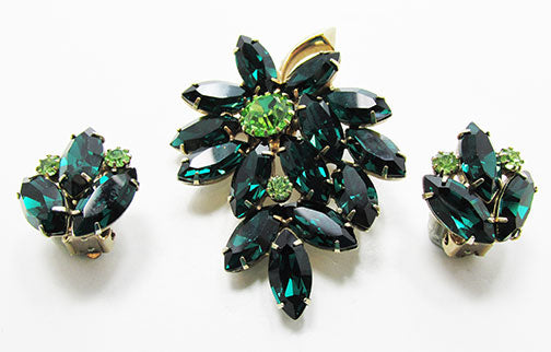 Vintage 1950s Striking Emerald and Peridot Floral Pin and Earrings Set