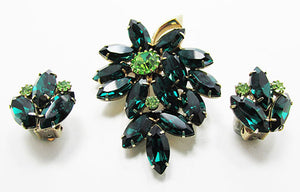 Vintage 1950s Striking Emerald and Peridot Floral Pin and Earrings Set