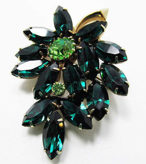 Vintage 1950s Striking Emerald and Peridot Floral Pin and Earrings Set