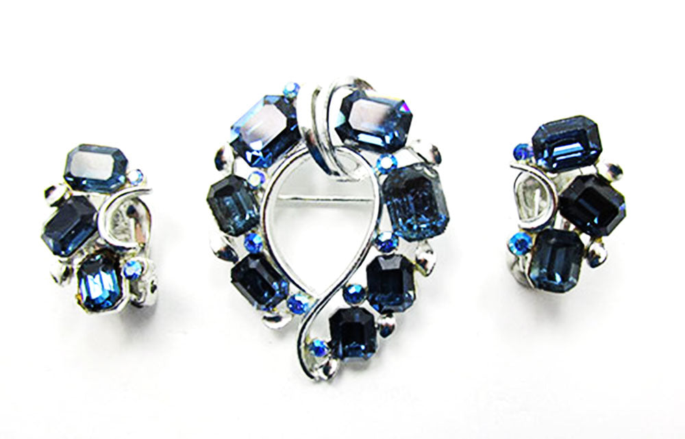 Lisner 1950s Vintage Jewelry Mid-Century Sapphire Pin and Earrings Set - Front