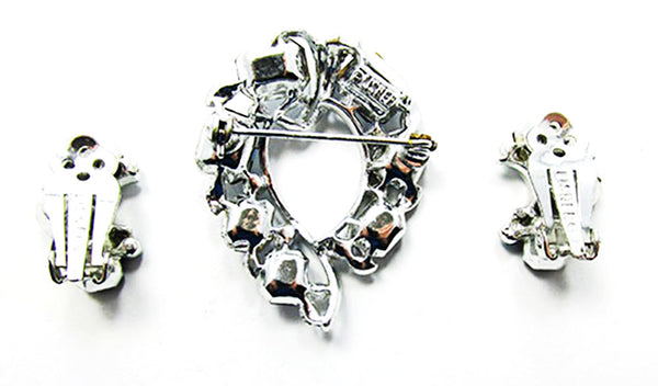 Lisner 1950s Vintage Jewelry Mid-Century Sapphire Pin and Earrings Set - Back and Signature