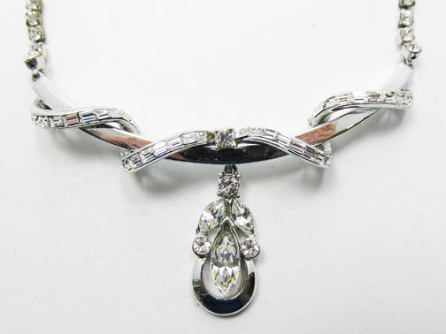 Vintage 1950s Mid Century Striking Clear Rhinestone Drop Necklace