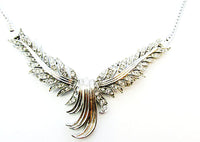 Vintage 1950s Jewelry Unique Mid-Century Diamante Feather Necklace - Close Up - Thumbnail