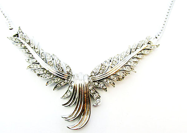 Vintage 1950s Jewelry Unique Mid-Century Diamante Feather Necklace - Close Up