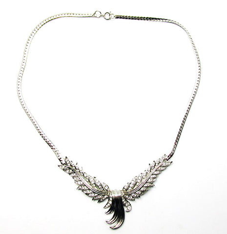 Vintage 1950s Jewelry Unique Mid-Century Diamante Feather Necklace - Front