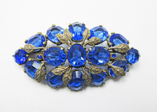 Antique 1900s Spectacular Art Nouveau Sapphire Rhinestone Floral Pin
