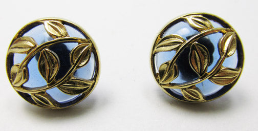 Vintage 1960s Distinctive Blue and Gold Leaf Button Earrings
