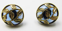 Vintage 1960s Distinctive Blue and Gold Leaf Button Earrings - Thumbnail