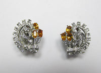 Vintage 1950s Stunning Clear and Topaz Rhinestone Floral Earrings - Thumbnail