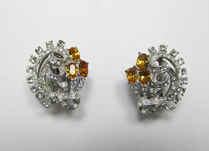 Vintage 1950s Stunning Clear and Topaz Rhinestone Floral Earrings