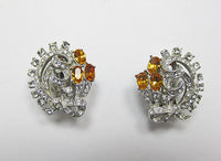 Vintage 1950s Stunning Clear and Topaz Rhinestone Floral Earrings - Thumbnail