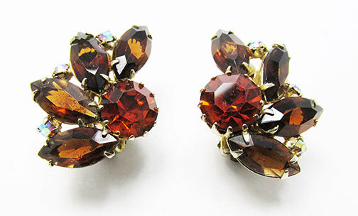 Vintage Weiss Orange Amber Rhinestone Gold tone Small Clip Earrings