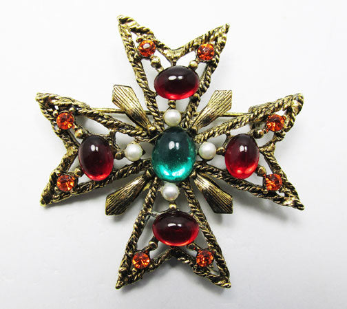 Vintage 1960s Gorgeous Maltese Cross Rhinestone and Pearl Pin
