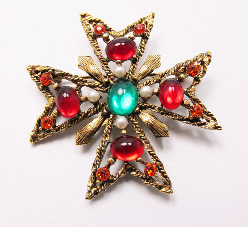 Vintage 1960s Gorgeous Maltese Cross Rhinestone and Pearl Pin