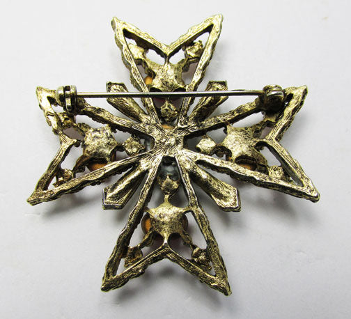 Vintage 1960s Gorgeous Maltese Cross Rhinestone and Pearl Pin