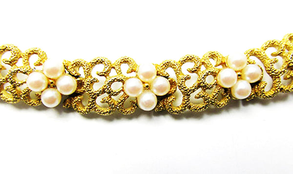 Crown Trifari Vintage Jewelry 1950s Mid-Century Pearl Floral Bracelet - Close Up